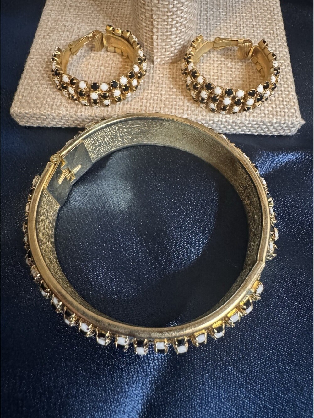 Wide Rhinestone Studded Bangle Bracelet & Clip On Earrings Demi Vintage Jewelry